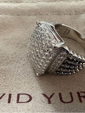 David Yurman Silver Pavé Diamond Cushion Ring